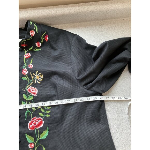 VICTOR COSTA vtg 90s Women Coat 2X Black Embroidered Flowers Button up Longline - Picture 9 of 11